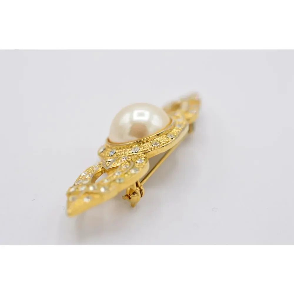 Vintage Statement Pin Brooch Shiny Gold Rhinestone Pearl Bar Chunky 1980s 9B